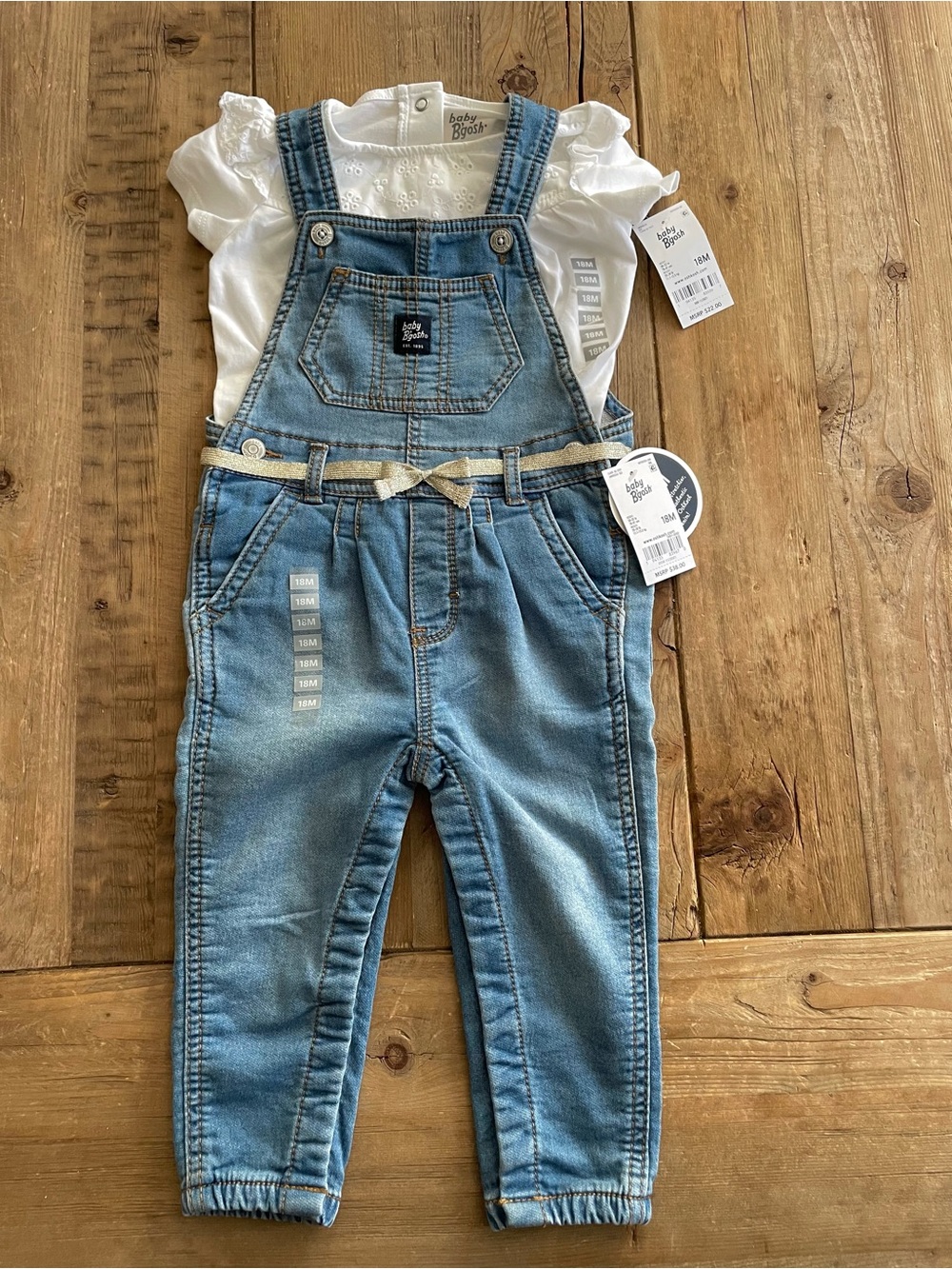 NWT: Baby B’gosh - Baby Girl Light Blue Denim Overalls with White Eyelet Onesie